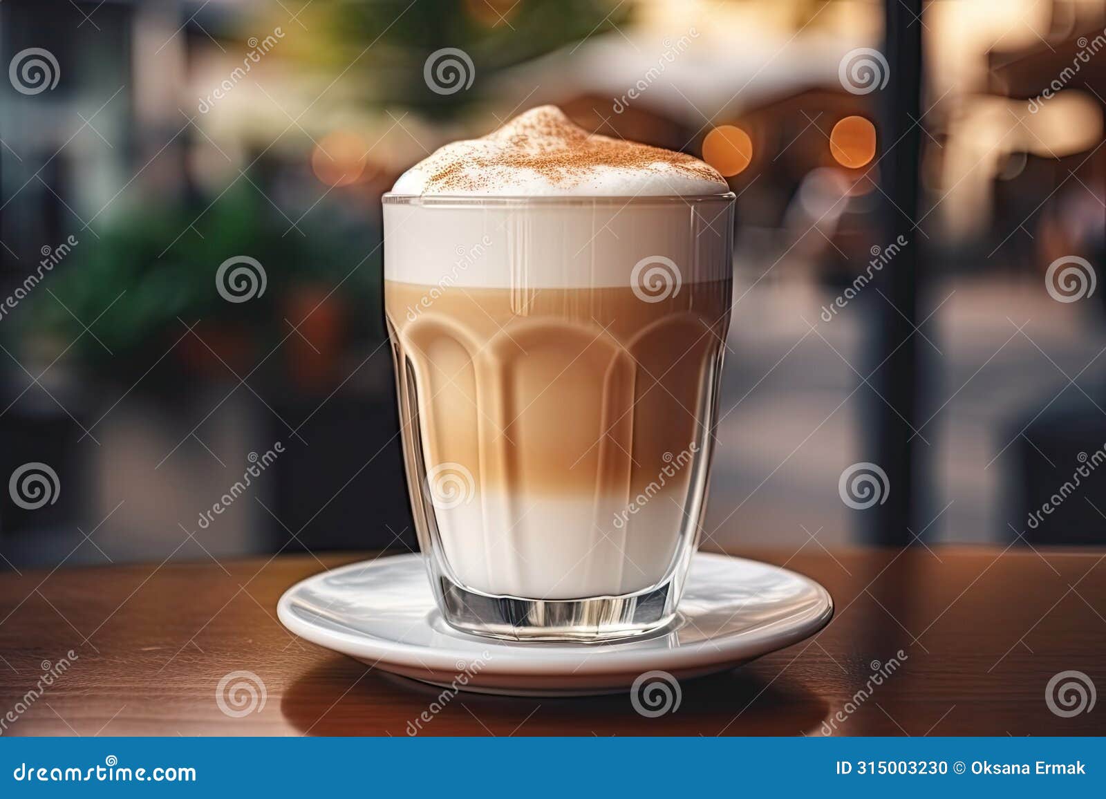 fresh latte espuma in outdoor cafe, cappuccino in coffeeshop city street view, milk coffee