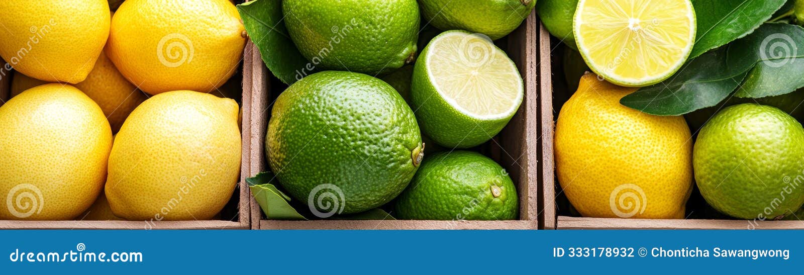 fresh lemons and limes arranged in wooden boxes, showcasing vibrant colors and textures, perfect for culinary and health-themed