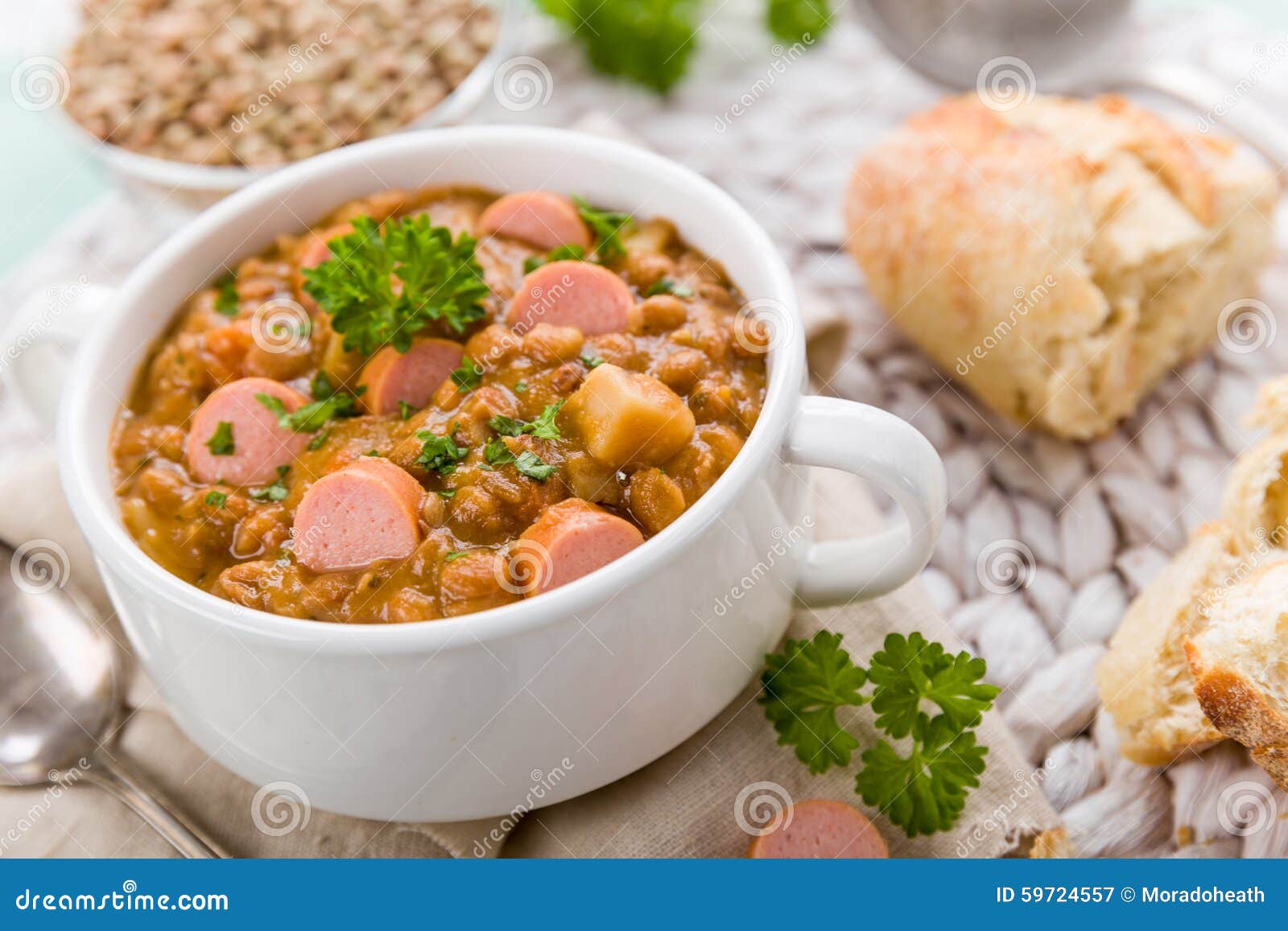 Fresh Lentil Stew with Sausages Stock Image Image of home, spoon