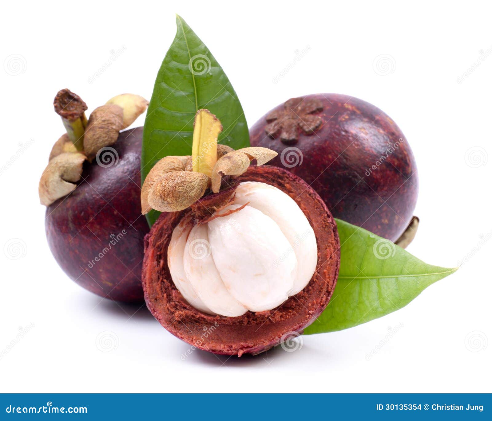 Mangosteen Fruit Cross Section Showing White Flesh Inside On Green Kale