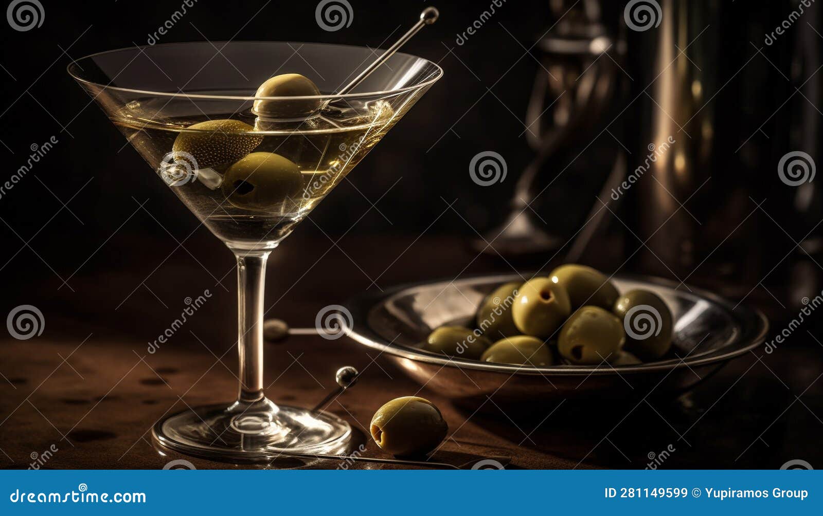 Fresh Martini with Green Olive, Vermouth, and Gin on Table Generated by