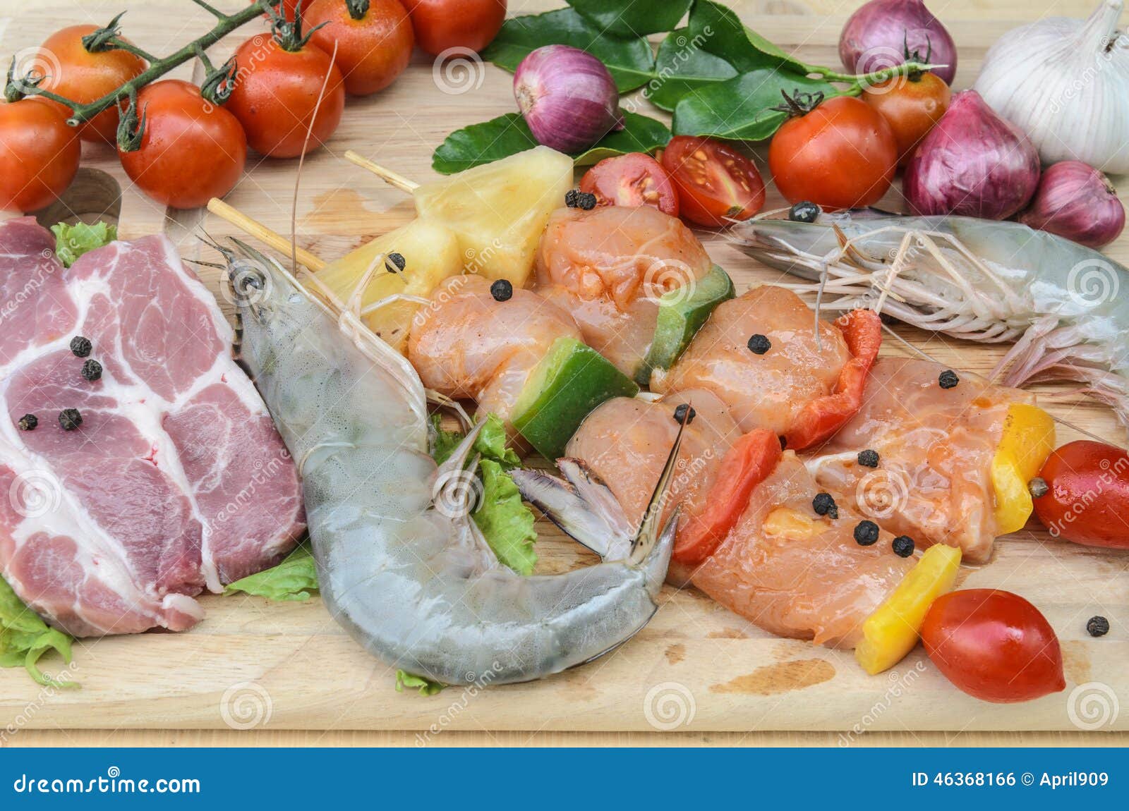 Fresh Meat ,seafood and Vegetables on Kitchen Board Stock Photo Image