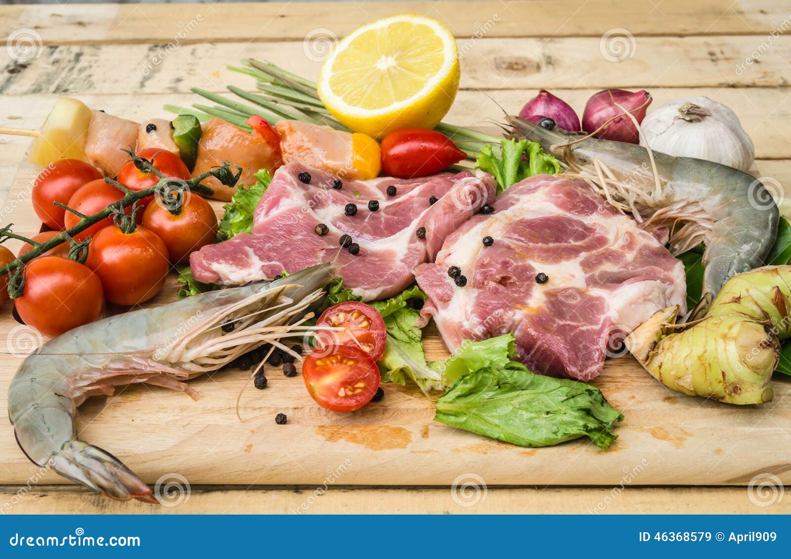 Fresh Meat ,seafood and Vegetables on Kitchen Board Stock Image Image