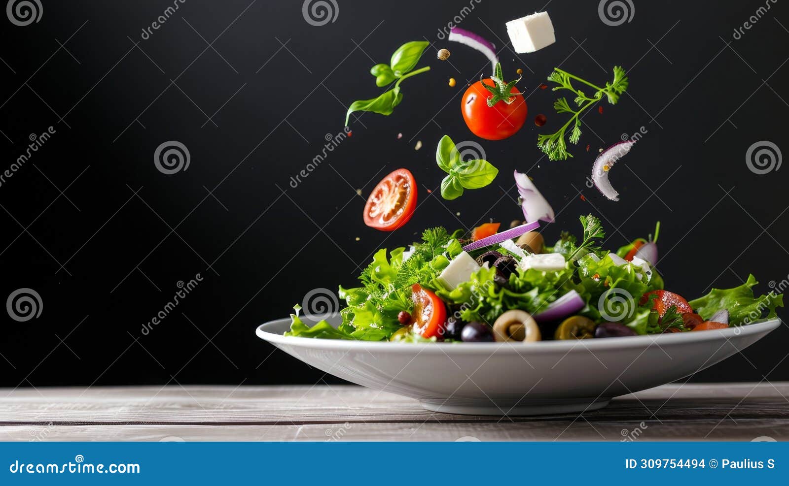 fresh mediterranean delight: vibrant salad composition suspended in mid-air on a white plate, adorne