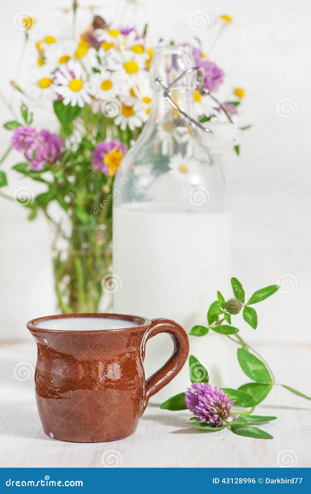 Fresh Milk in Ceramic Mug and Wildflowers Stock Photo Image of full