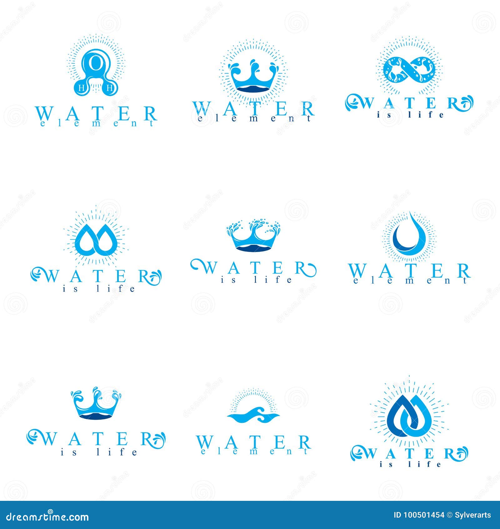 Fresh Mineral Water Design Emblems Like Water Drops, H2O Symbols Stock ...