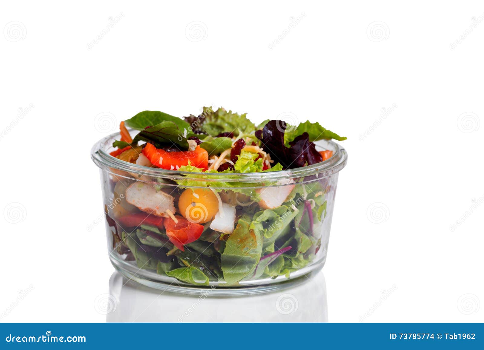 Fresh Mixed Salad in Glass Container Isolated on White Background Stock