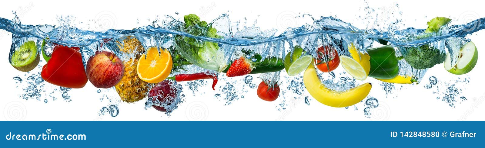 fresh multi fruits and vegetables splashing into blue clear water splash healthy food diet freshness concept  white