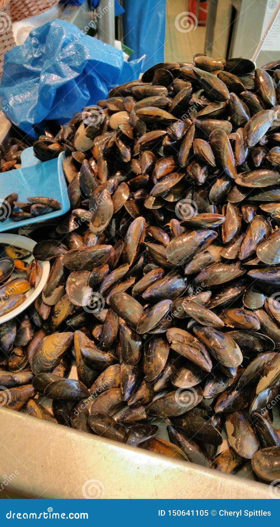 Fresh Mussels Piled High in Fish Market Stall Stock Image Image of
