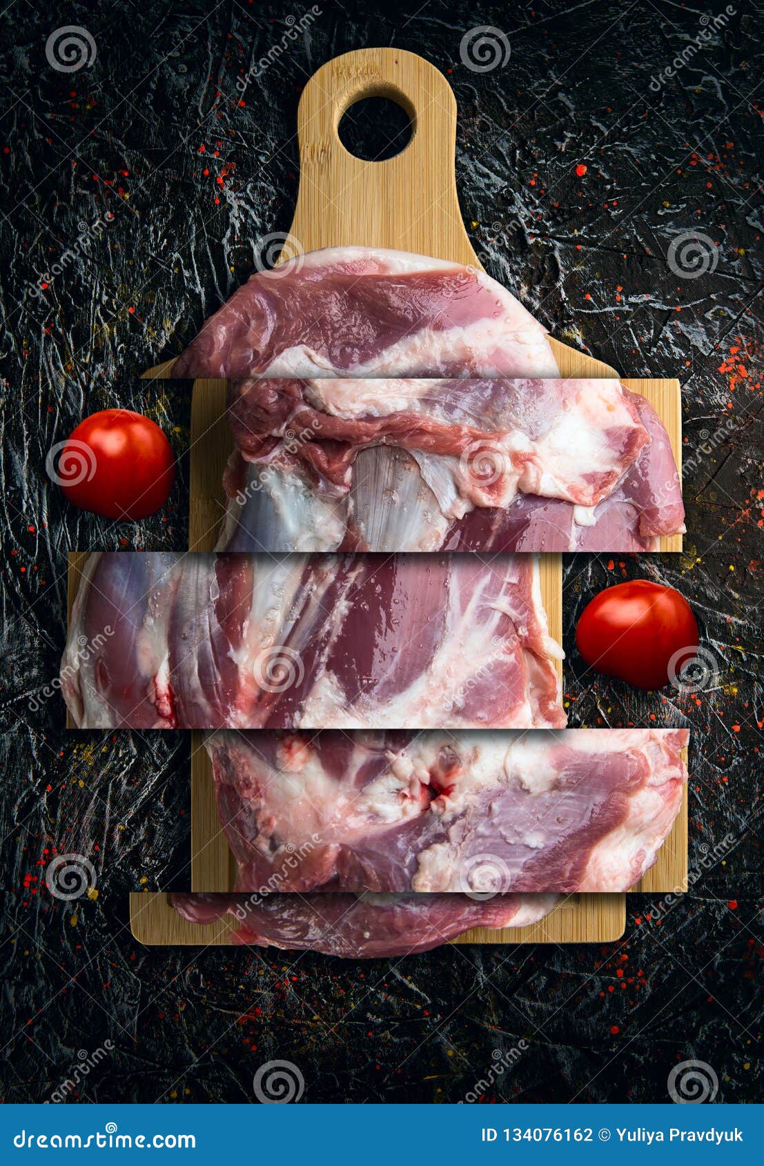 Fresh mutton meat on a cutting board. Abstract collage