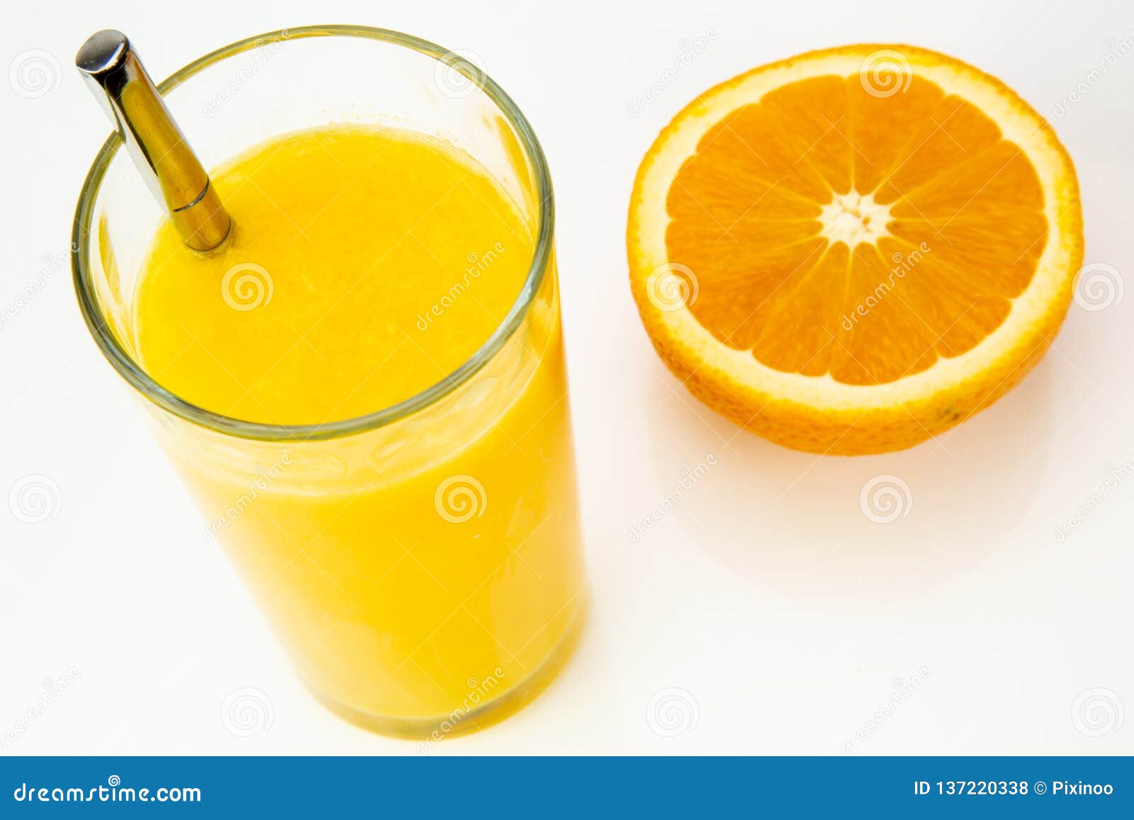 Fresh Orange Juice and Half Orange on White Background Stock Photo
