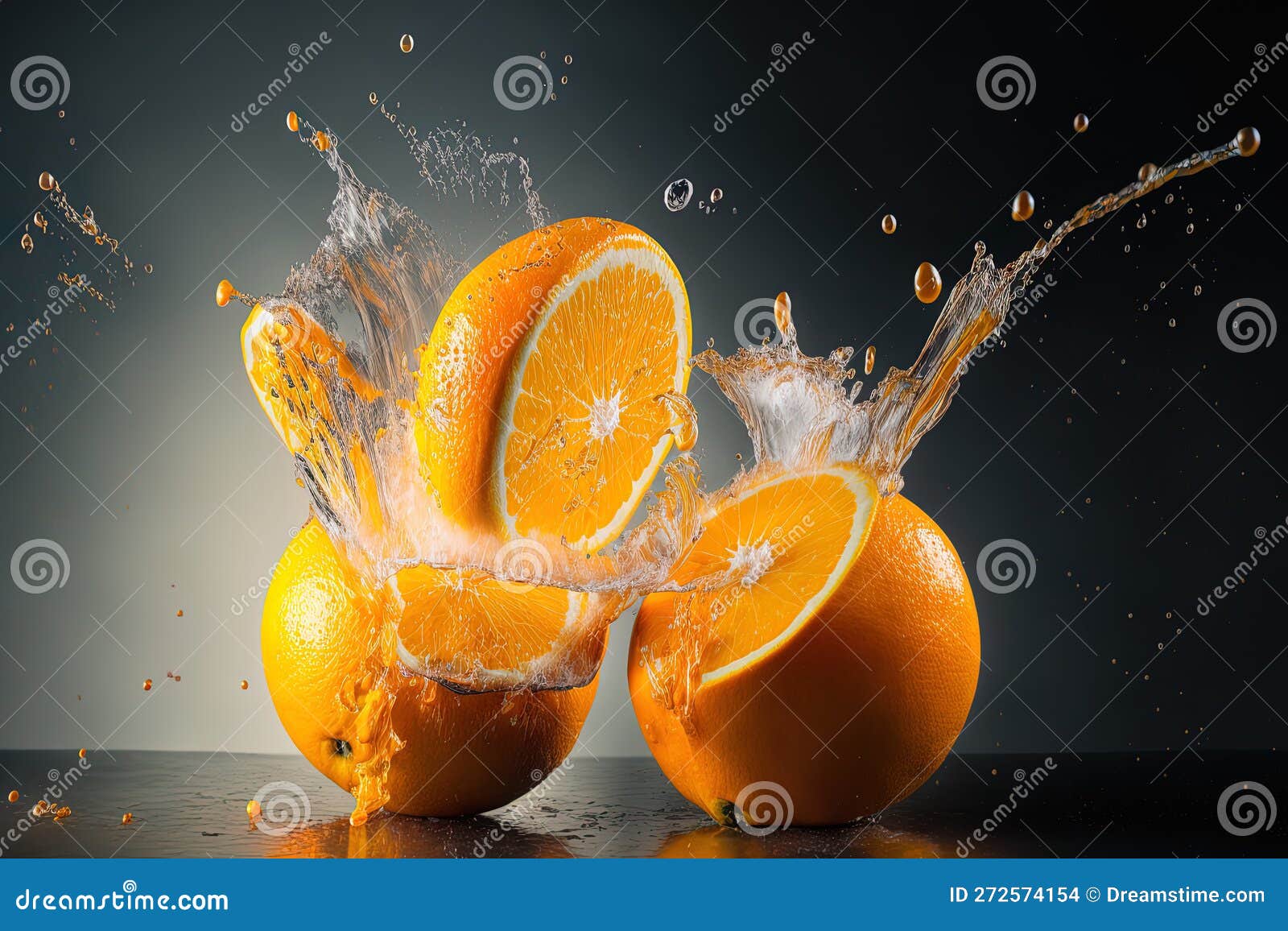Fresh Oranges Splashing in Freeze Motion, Up Close Stock Illustration