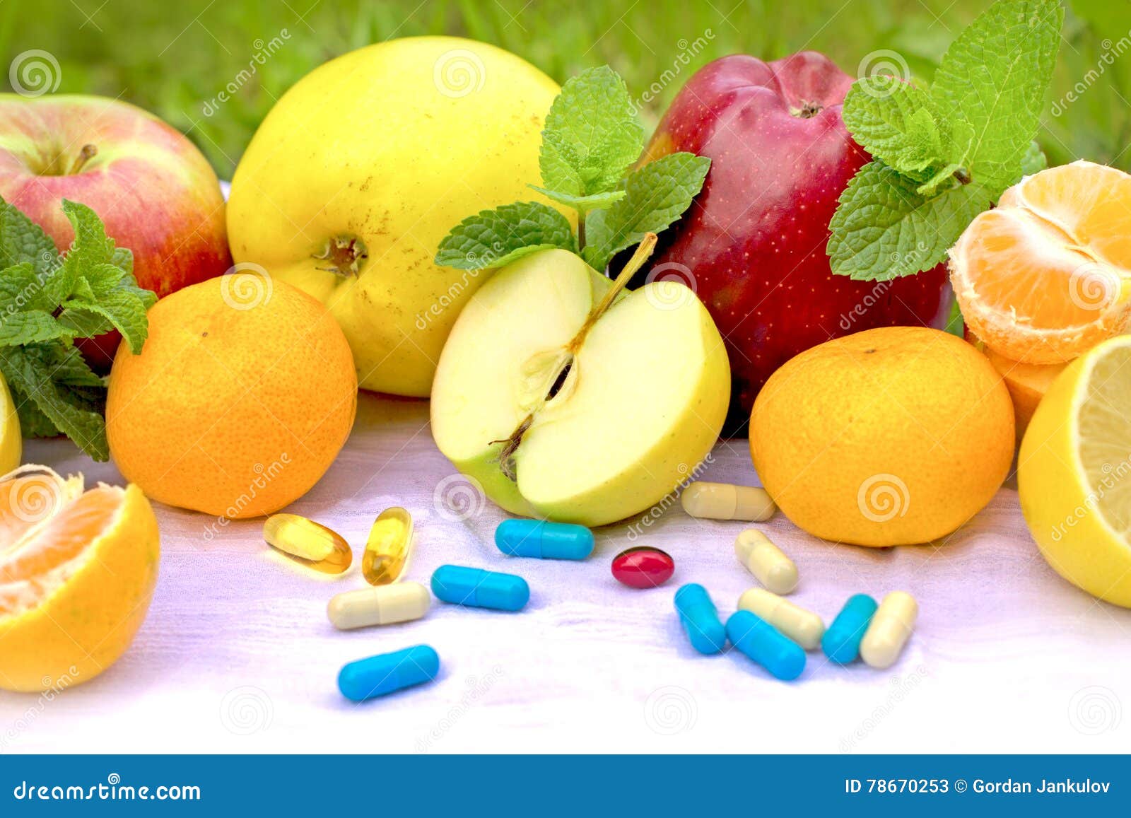 Fresh Organic Fruit and Supplements Nutrition Stock Image Image of