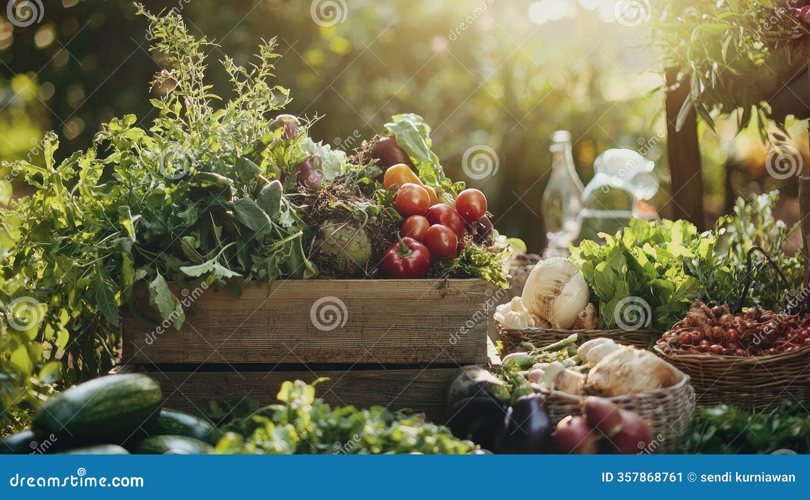 fresh organic vegetables abundantly displayed in wooden crates