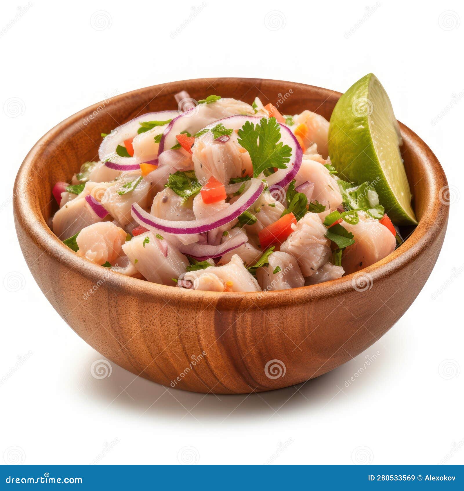 Fresh Peruvian Ceviche in a Bowl on White Background . Stock