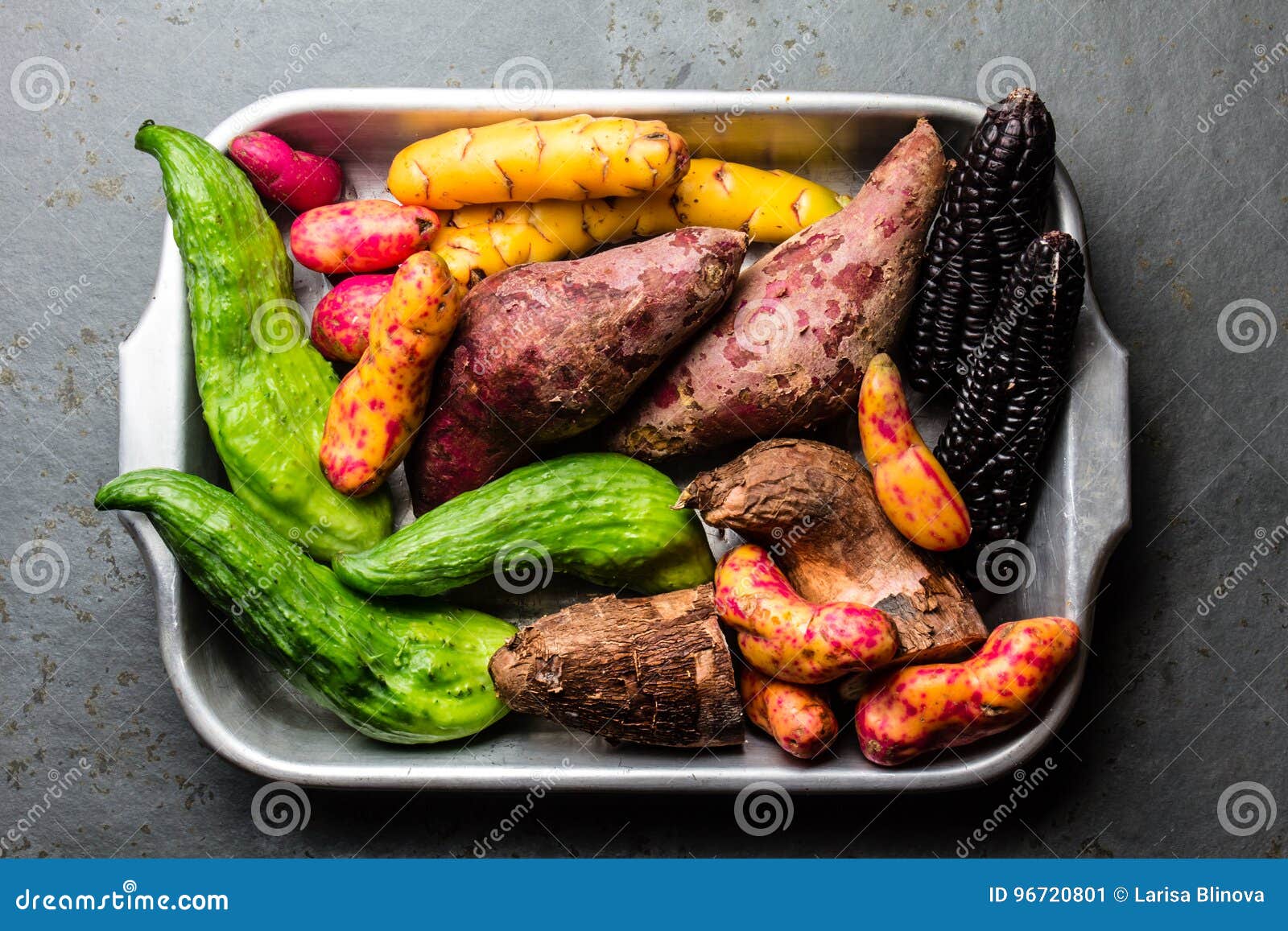 fresh peruvian latin american vegetables caigua, sweet potatoes, black corn, camote, yuca