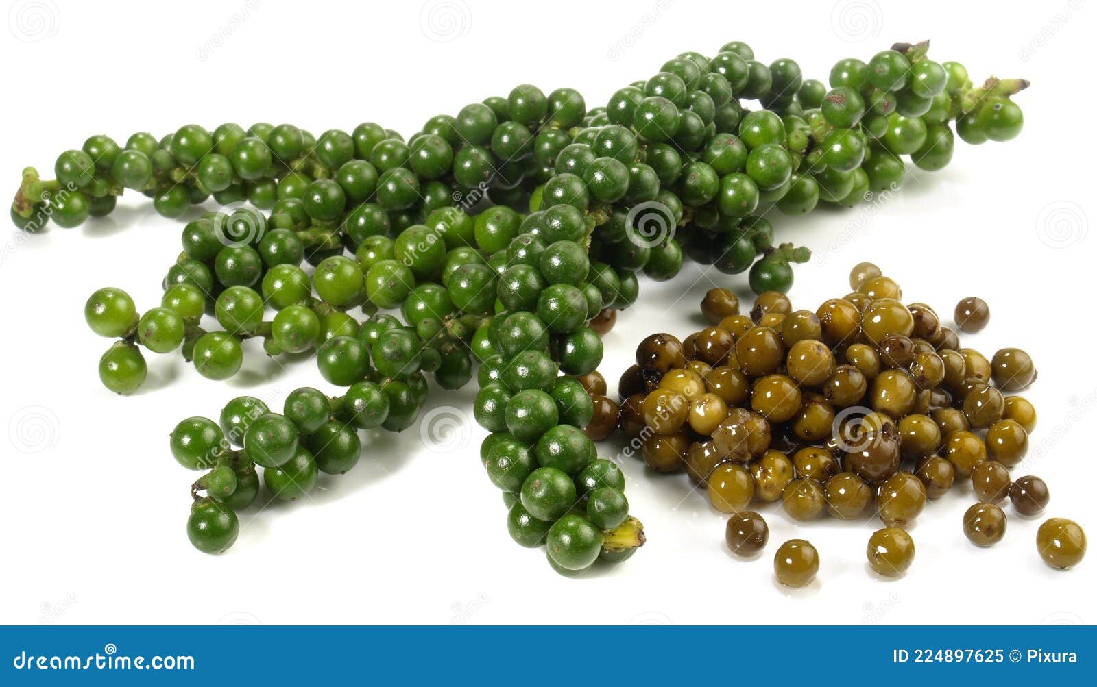 Fresh and Pickled Green Peppercorns on White Background Isolated