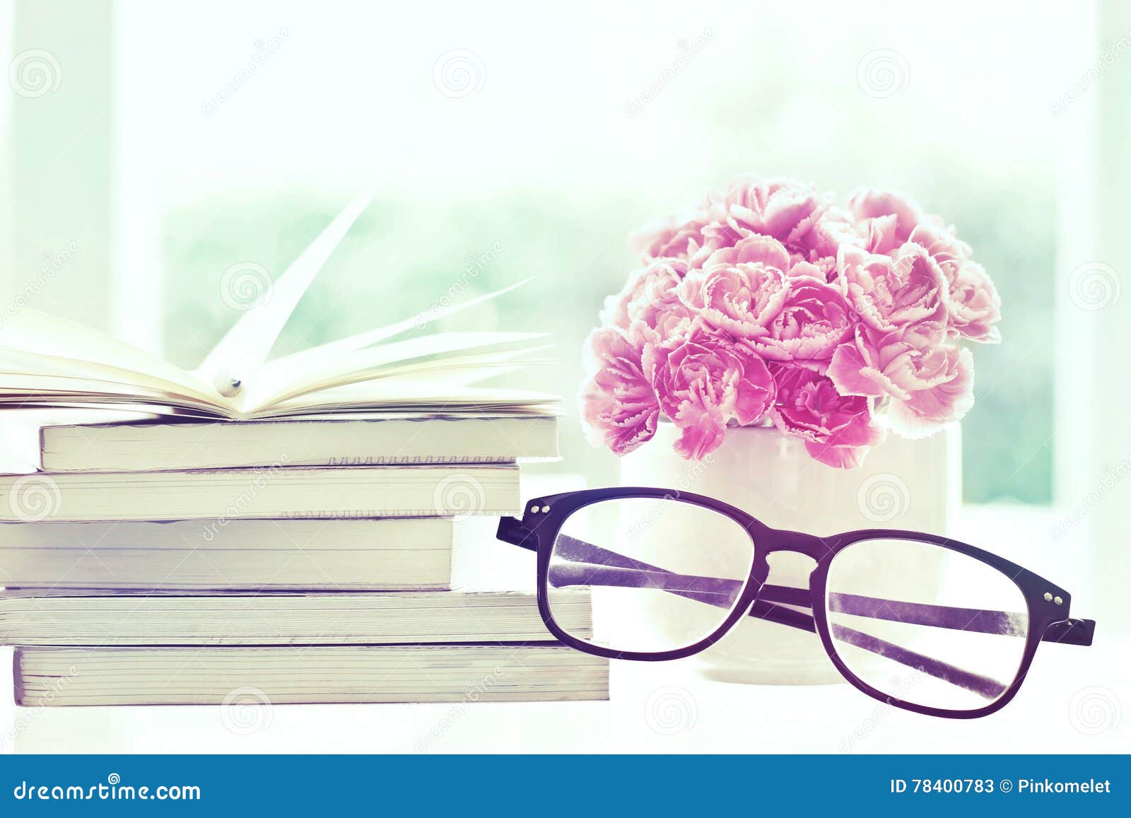 Fresh Pink Carnation Flower with Books Background Stock Image Image