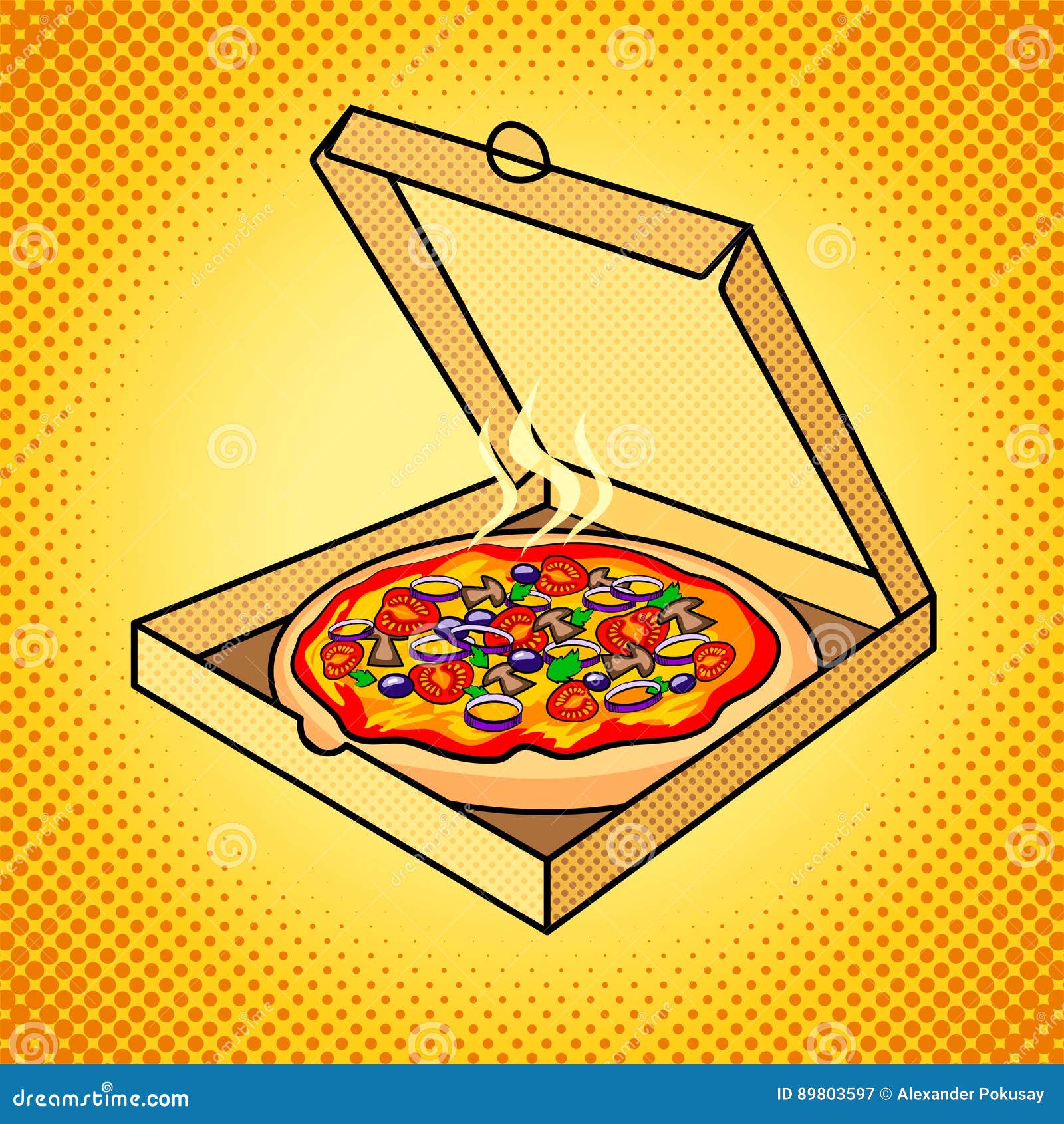 Fresh Pizza in Box Pop Art Vector Illustration Stock Vector