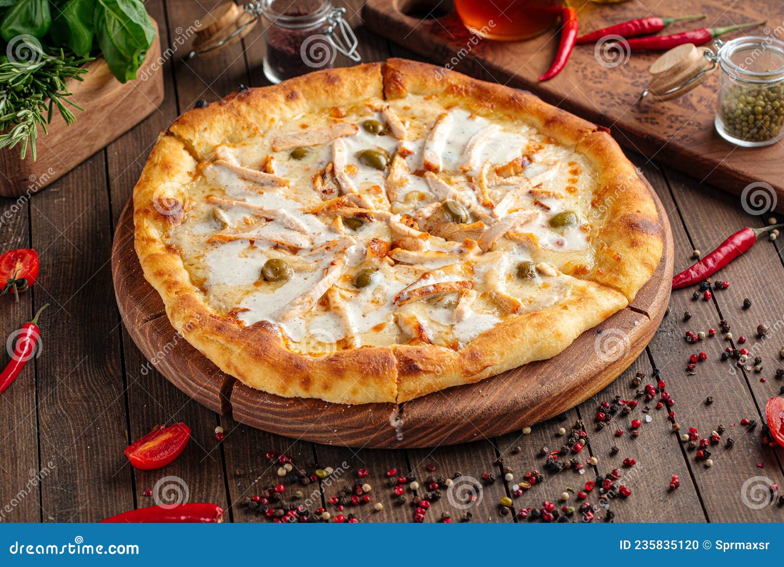 Fresh Pizza with Chicken and Sour Cream Sauce Stock Photo Image of