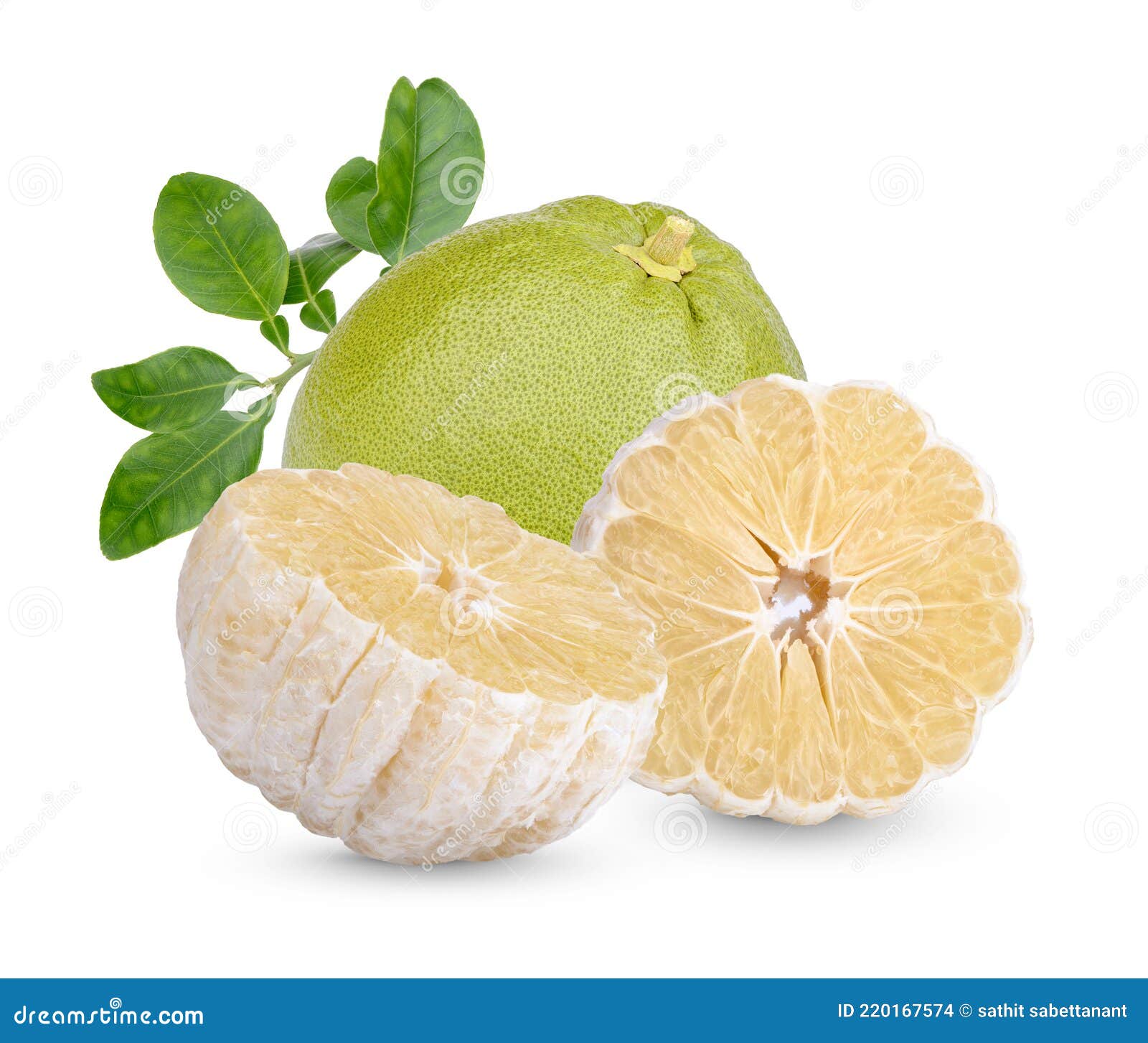 Fresh Pummelo with Leaves Isolated on White Background Stock Photo