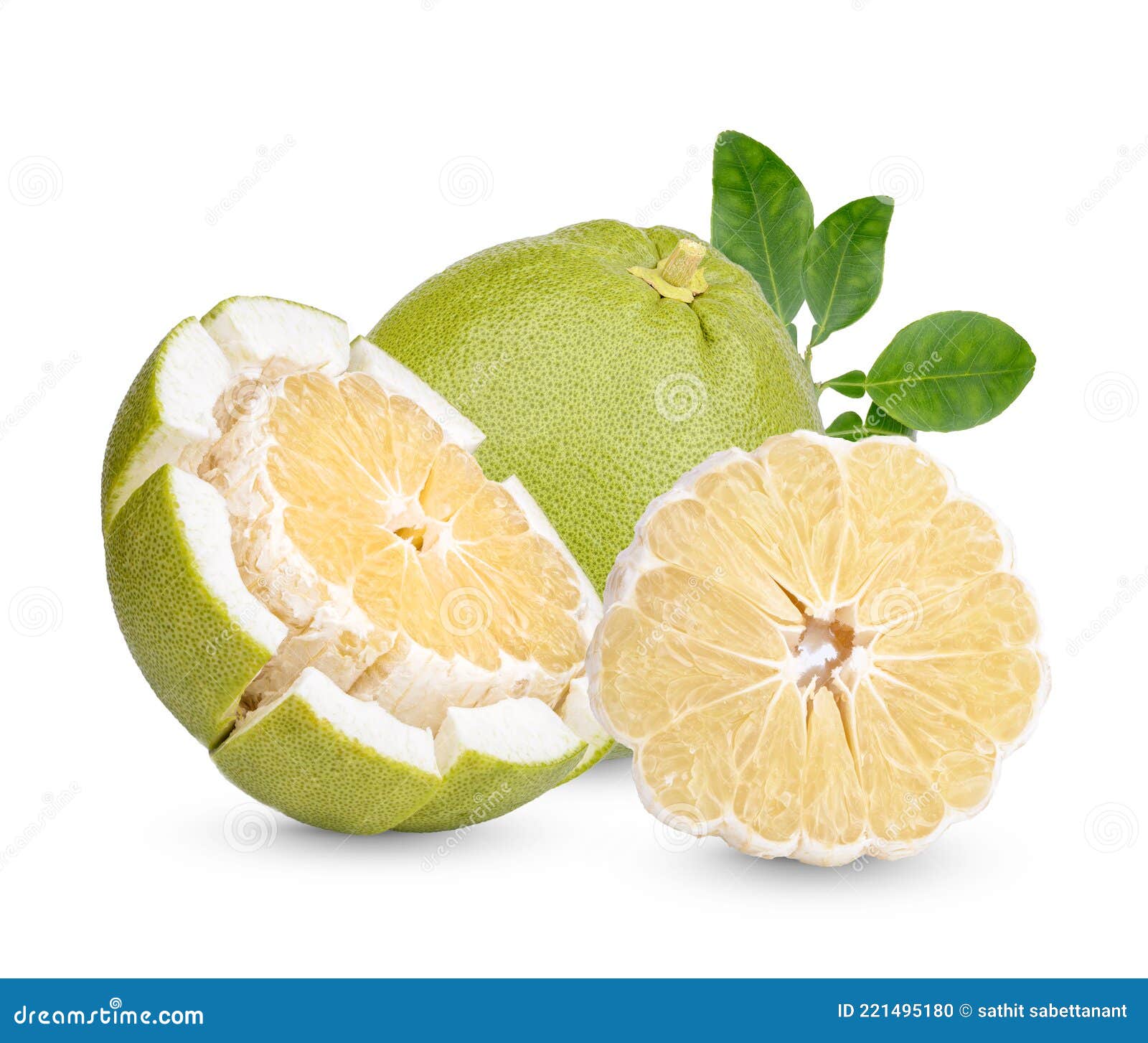 Fresh Pummelo with Leaves Isolated on White Background Stock Photo