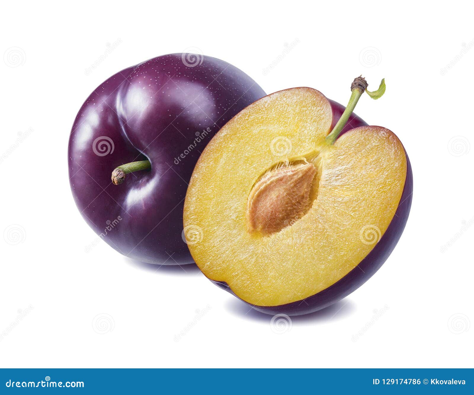 fresh purple plum and half  on white background