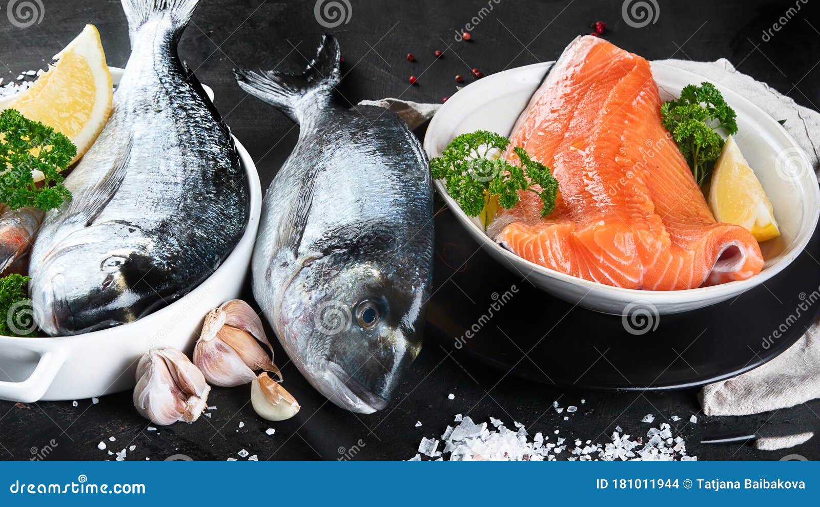 Fresh raw fish and seafood stock photo. Image of food 181011944