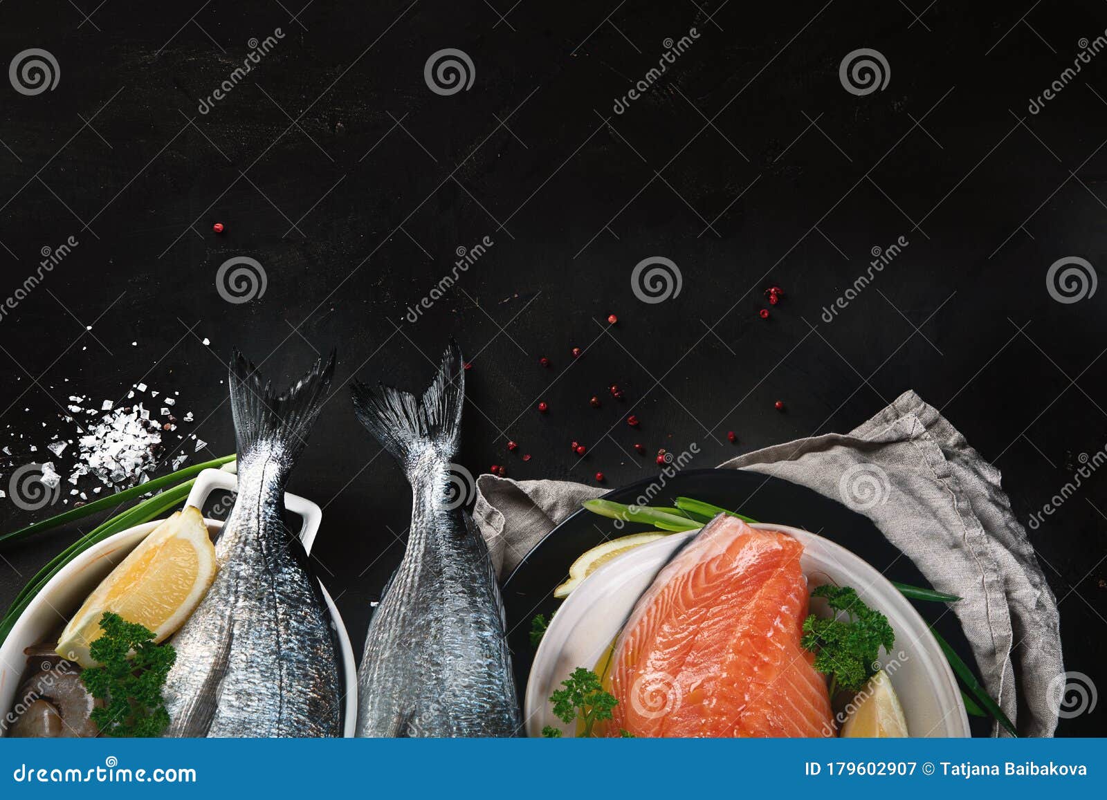 Fresh raw fish and seafood stock image. Image of black 179602907