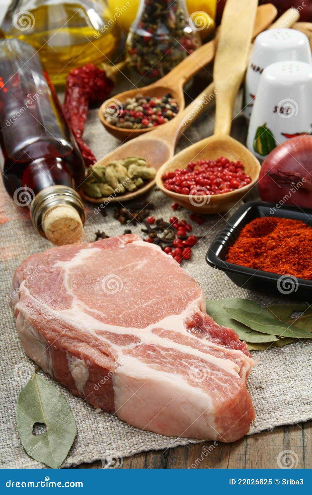 Fresh Raw Pork Meat and Spices. Stock Image Image of wood, bottle