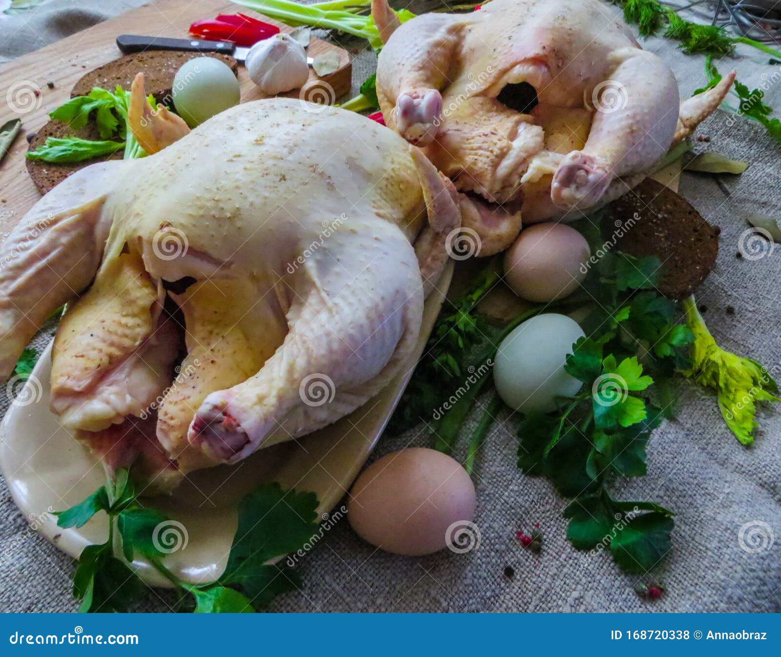 Fresh ,raw,rustic Organic Chickens Prepared for Baking in the Oven