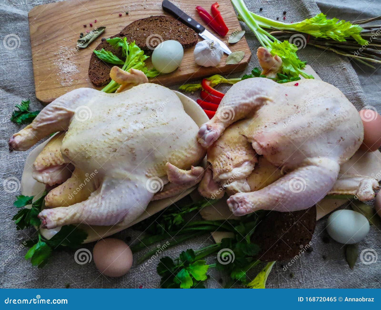 Fresh ,raw,rustic Organic Chickens Prepared for Baking in the Oven