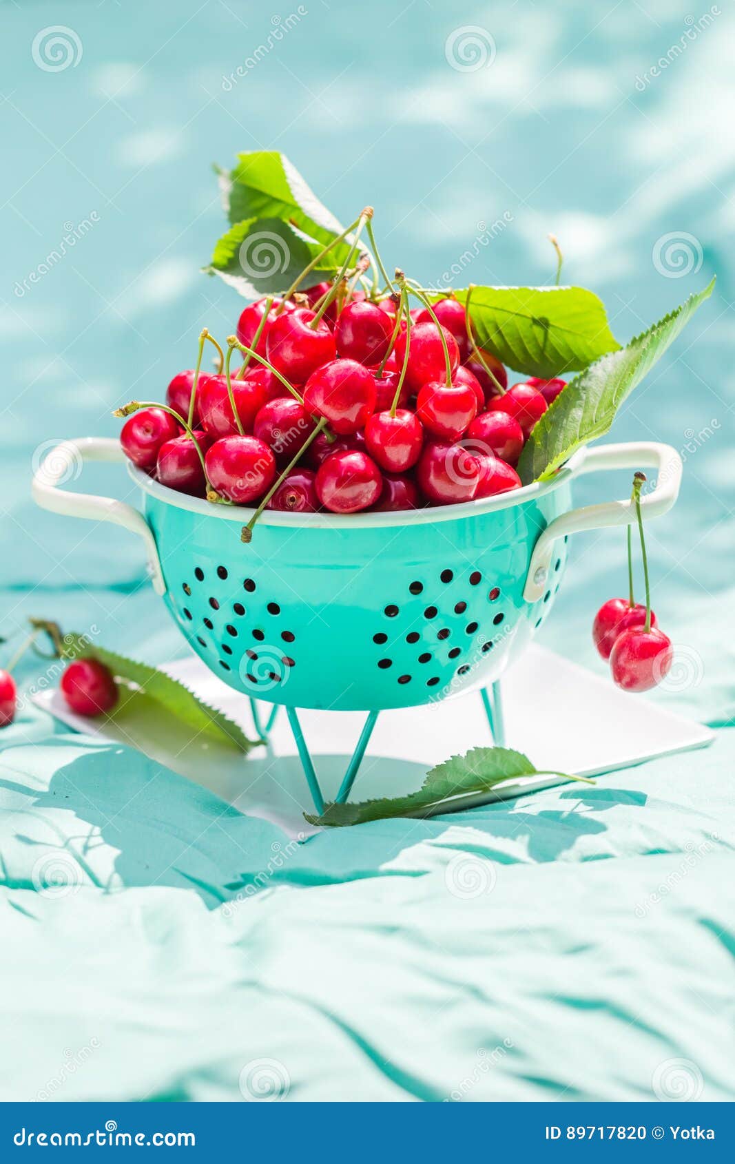 Fresh Red Cherry Fruit Green Colander Stock Photo Image of green