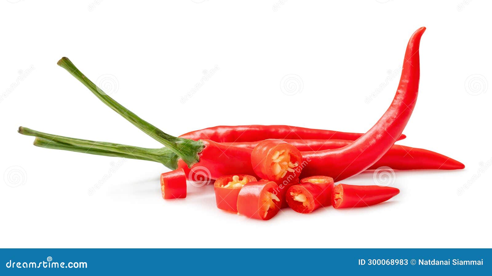 Fresh Red Chili Peppers in Stack with Slices Isolated on White