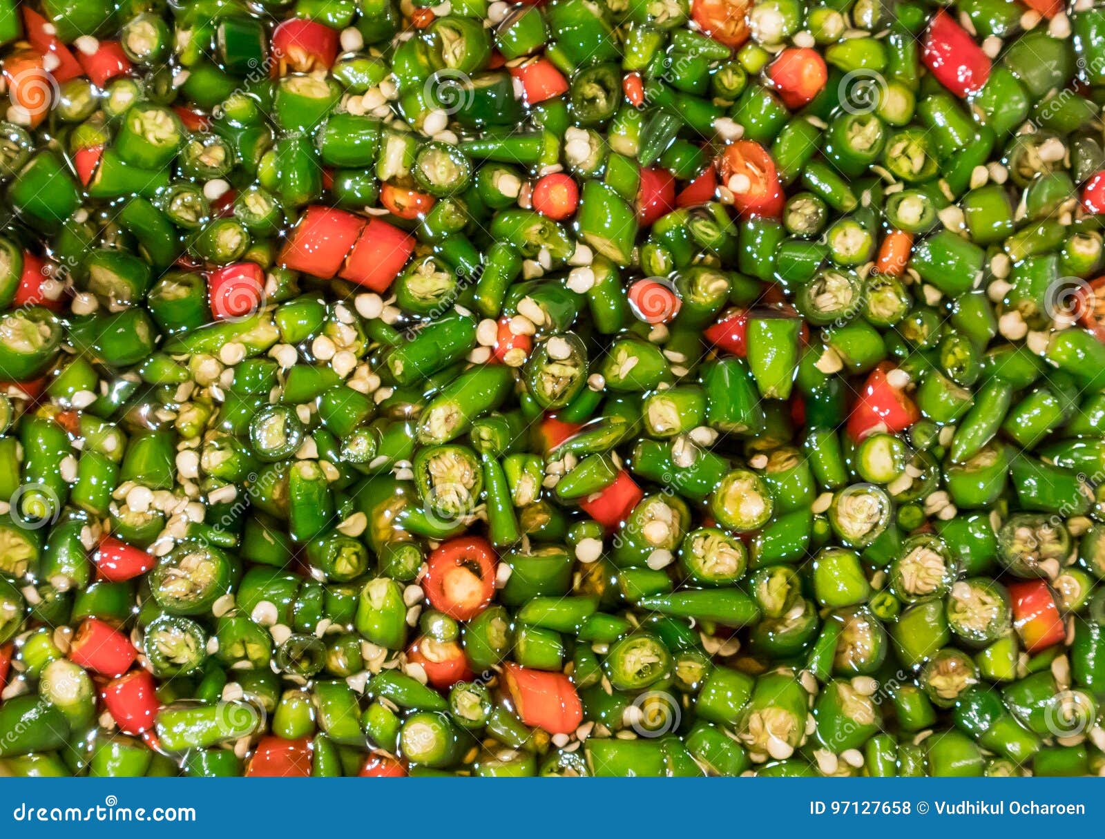 Fresh Red and Green Thai Chili in Fish Sauce. Close Up Sliced Ch Stock