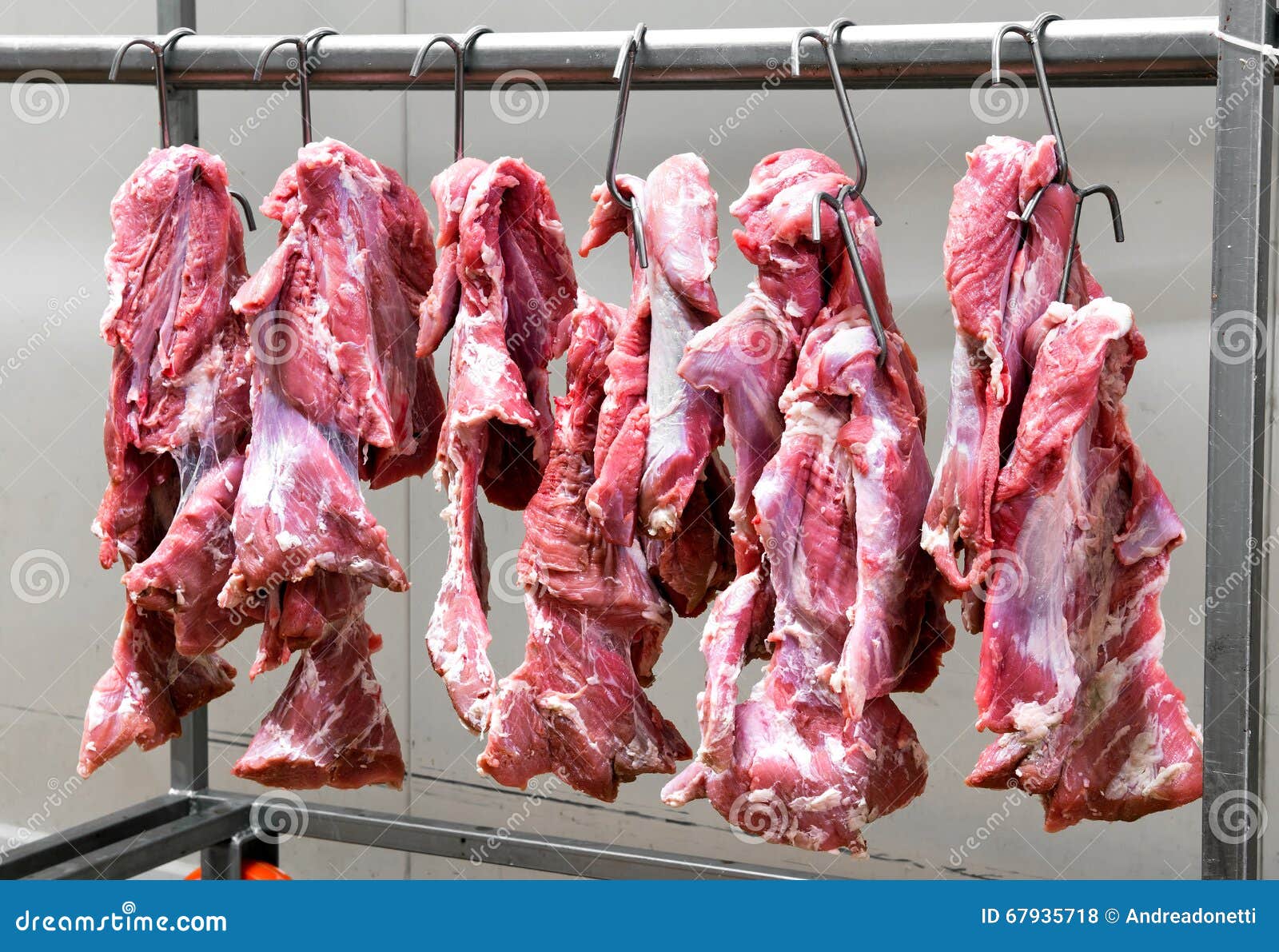Fresh Red Meat Hanging on Metal Hooks Stock Photo - Image of carcass, food:  67935718