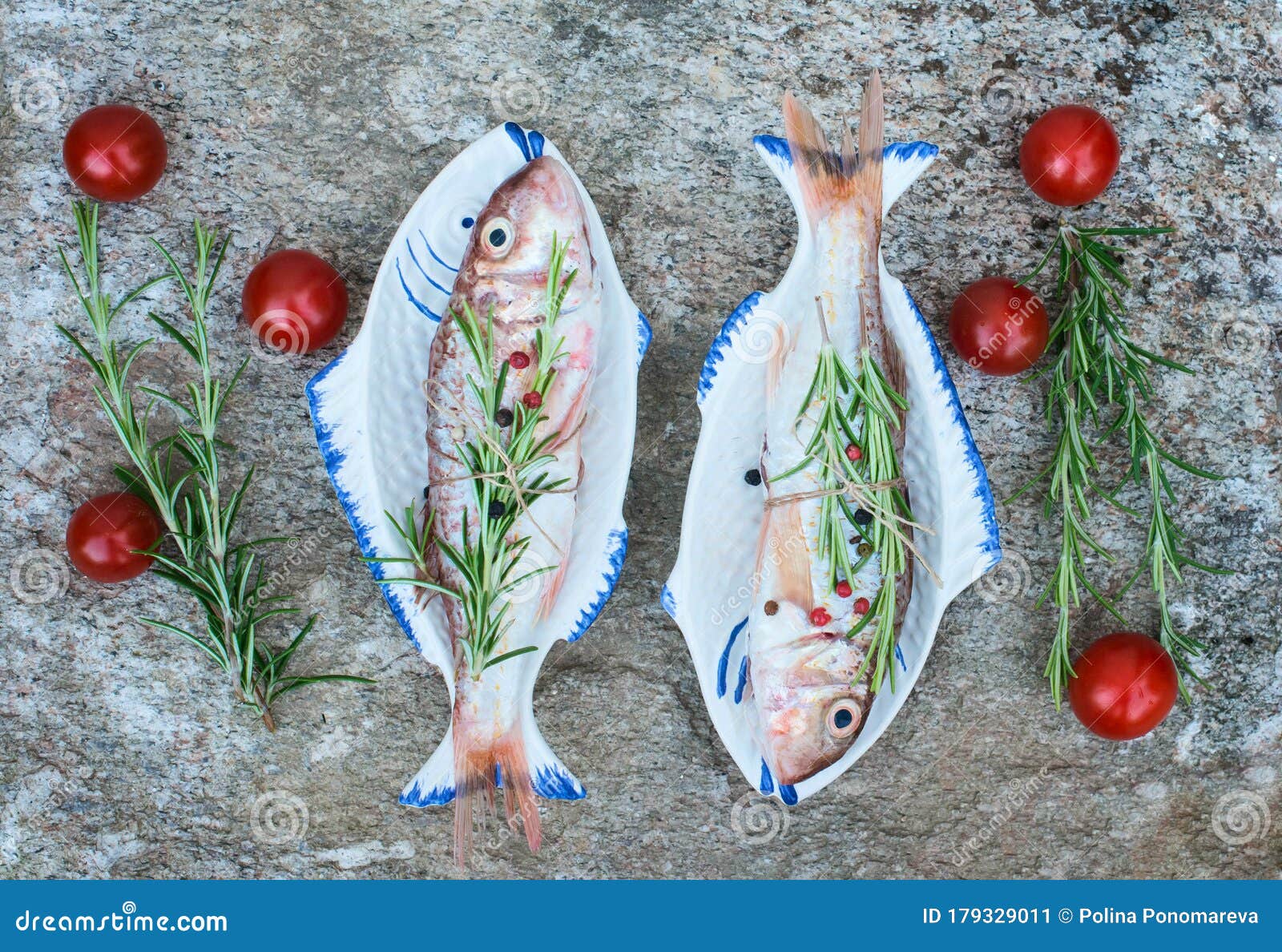 Fresh Red Mullets On Fish Shape Plates With Rosemary And Pepper Ready To Cook Cooking Concept Stock Image Image Of Board Ocean 179329011