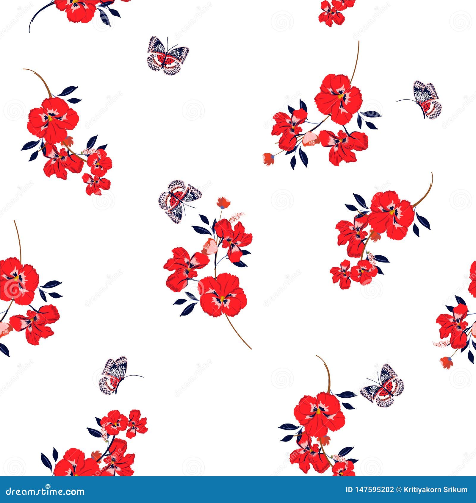 Fresh Red Pansy Flowers with Butterflies Soft and Gentle Seamless 