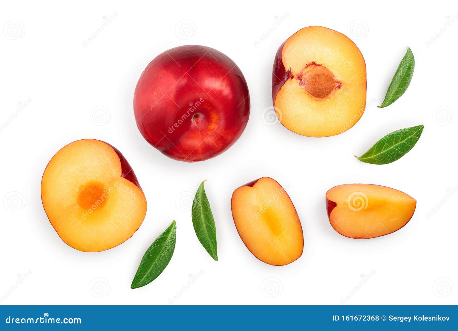 Fresh Red Plum and Half with Leaves Isolated on White Background. Top
