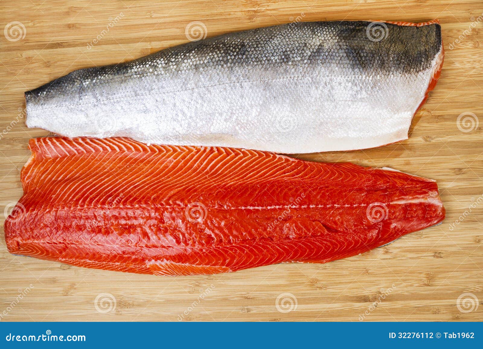 Fresh Red Salmon Fillets On Bambbo Board Stock Photography ...