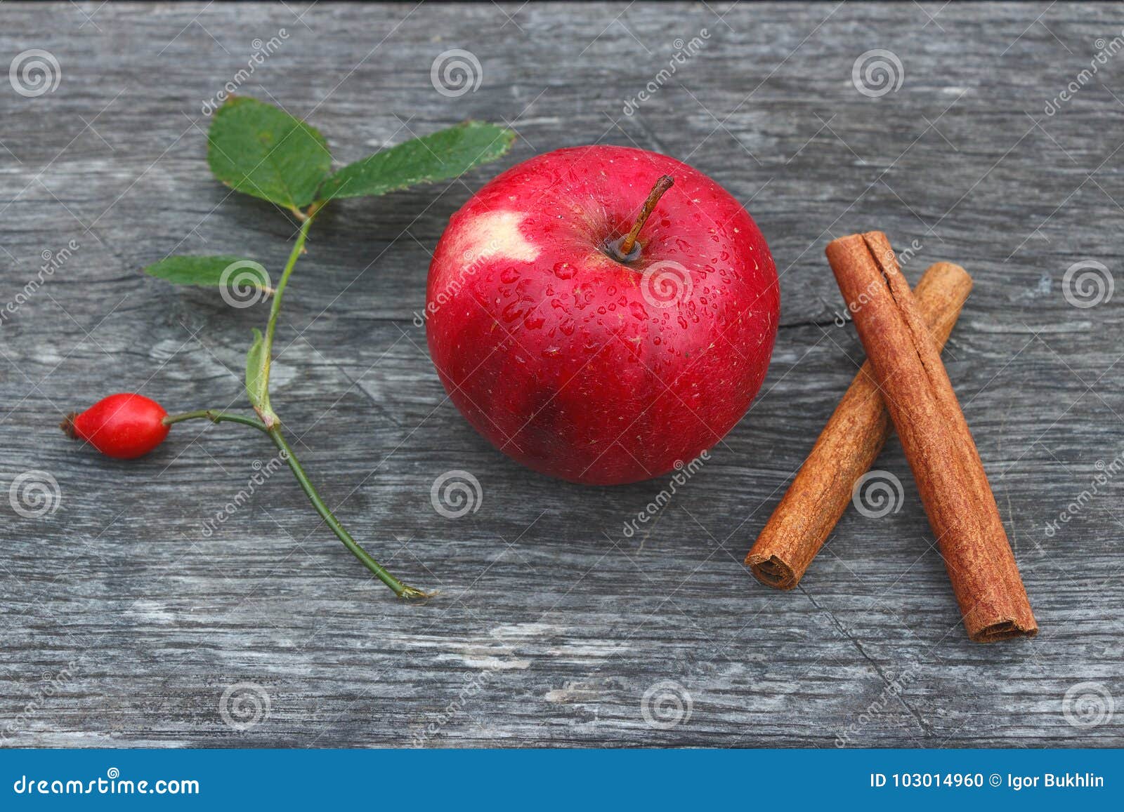 fresh ripe apple, rose hip, and cinnamon sticks.