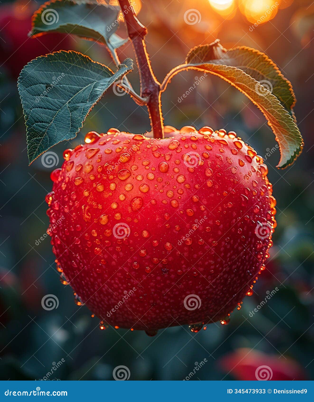 fresh ripe apple with water drops on blue background. closeup.