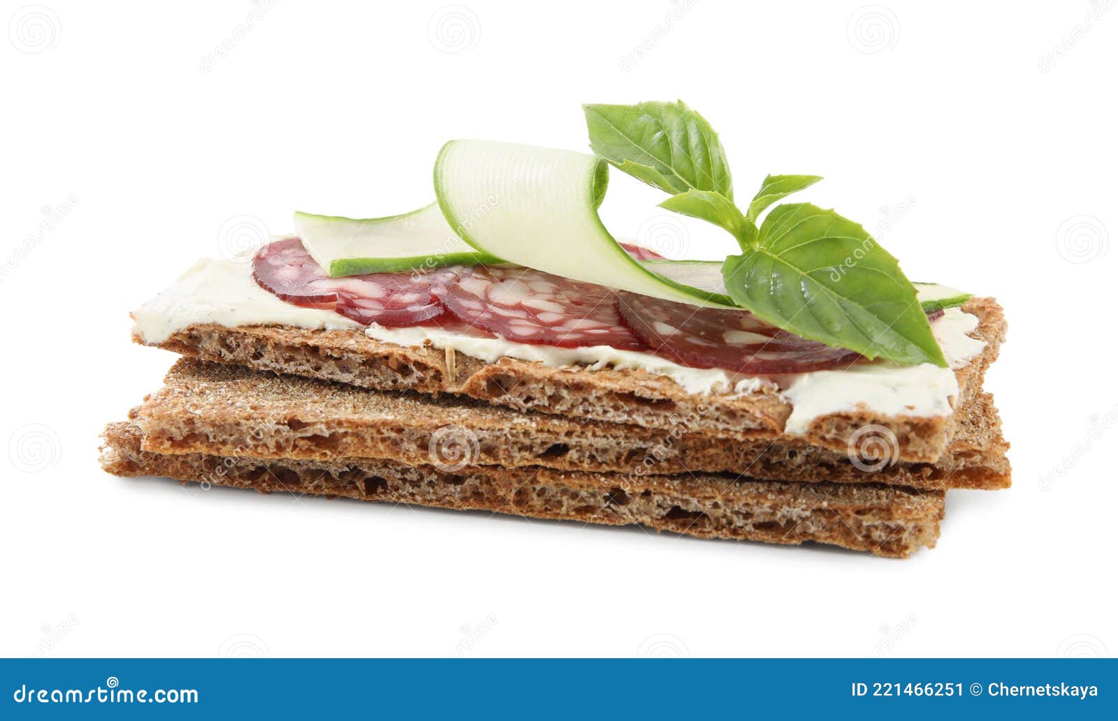 Fresh Rye Crispbreads with Salami, Cream Cheese and Cucumber on White ...