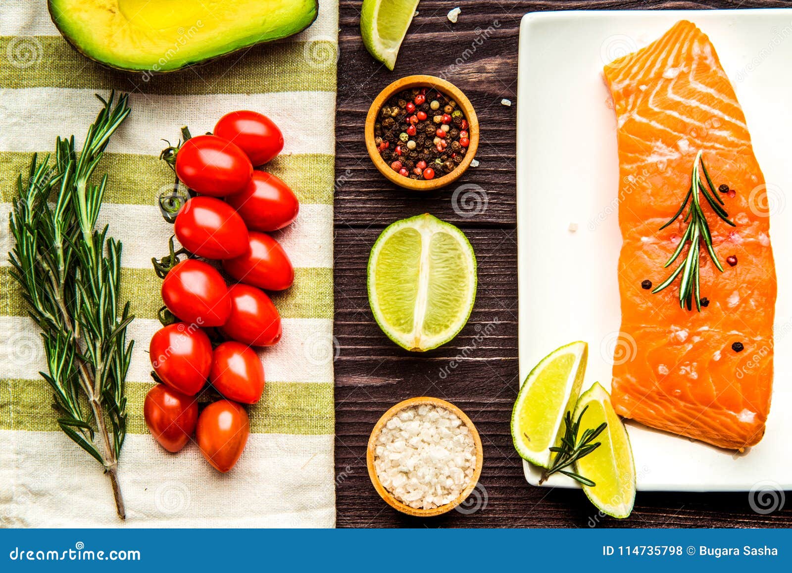 Fresh Salmon Fillet with Lemon and Dill on Dark Background Stock Photo ...