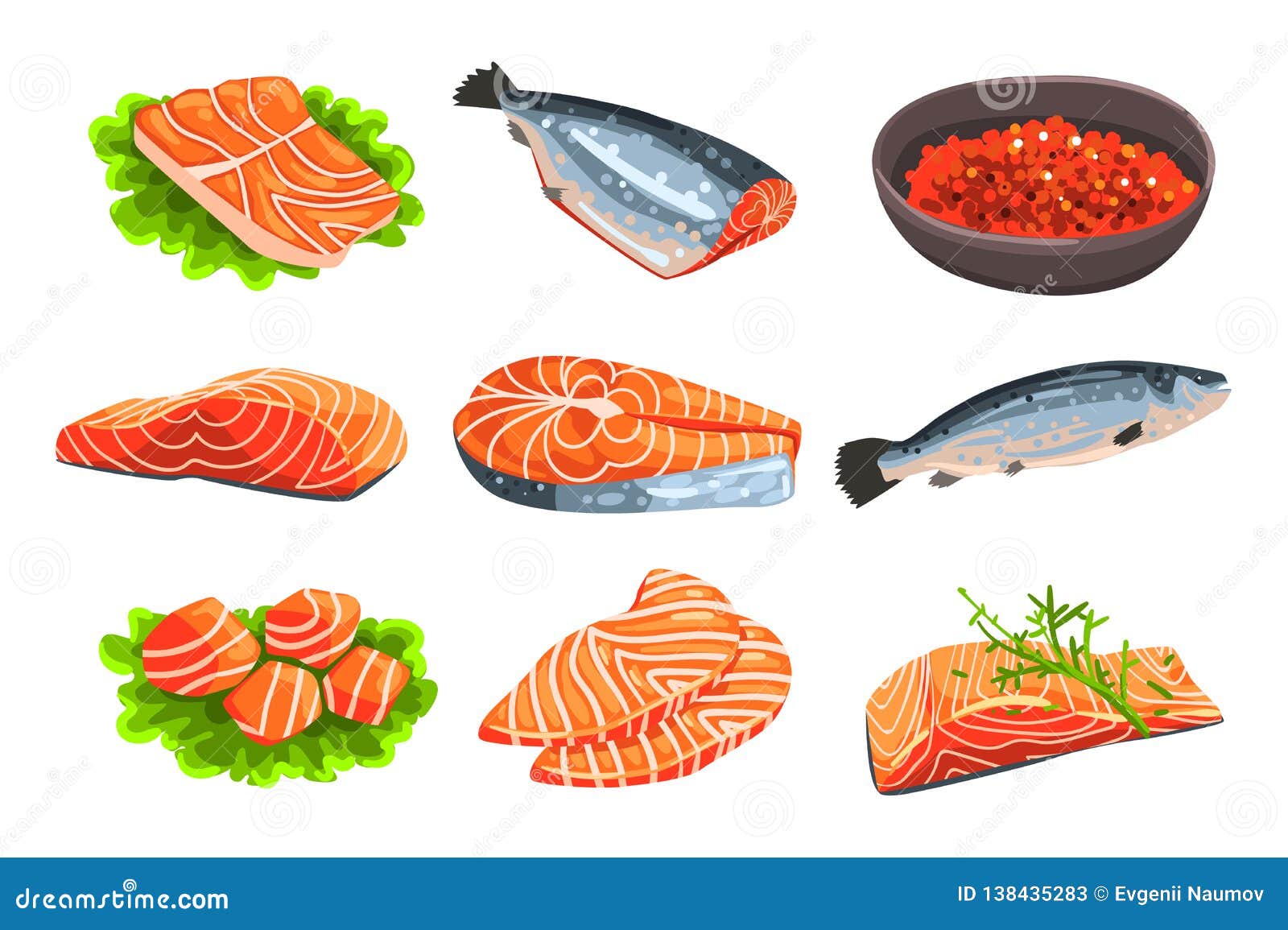 Fresh Salmon Fish Set, Fillet, Steak and Caviar, Seafood Product Vector  Illustrations on a White Background Stock Vector - Illustration of eating,  delicious: 138435283