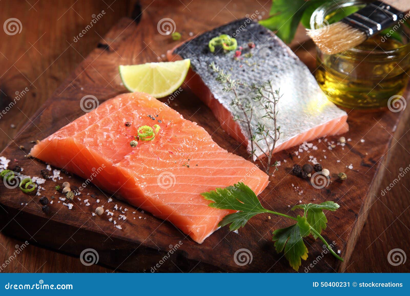 Fresh Salmon Fish Slices With Herbs And Spices Stock Photo ...