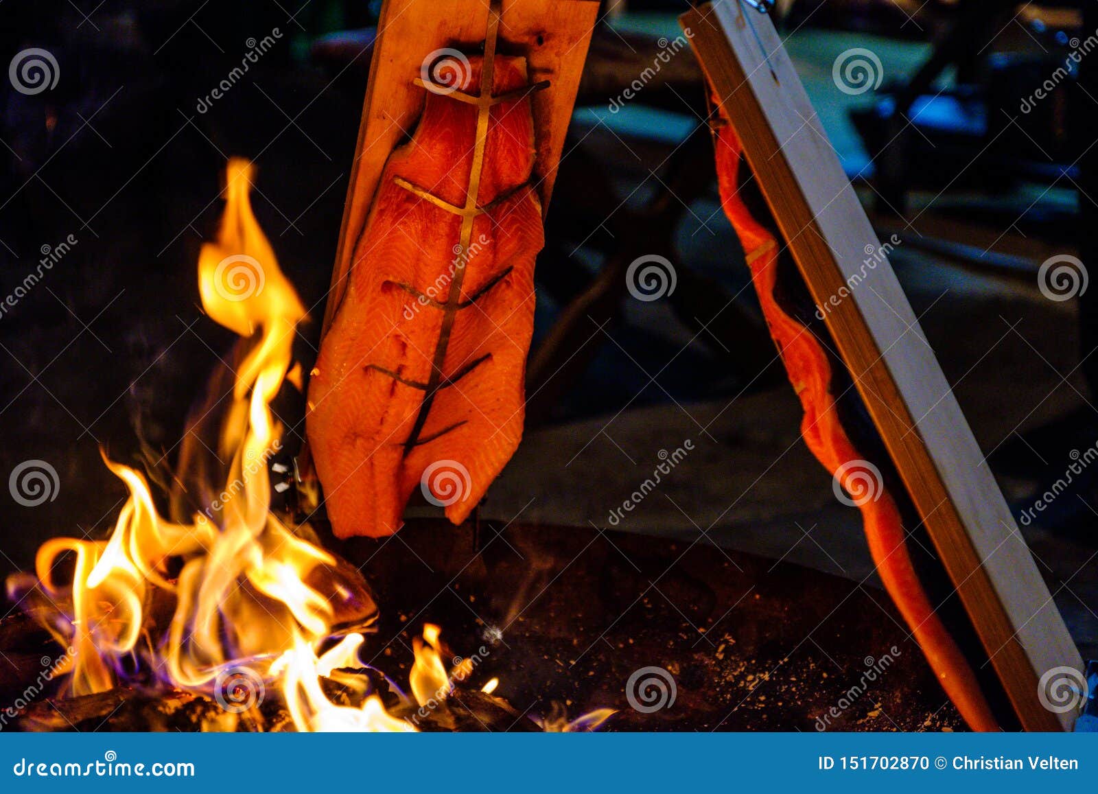 Fresh Salmon Grilled at an Open Fire Place Stock Photo Image of