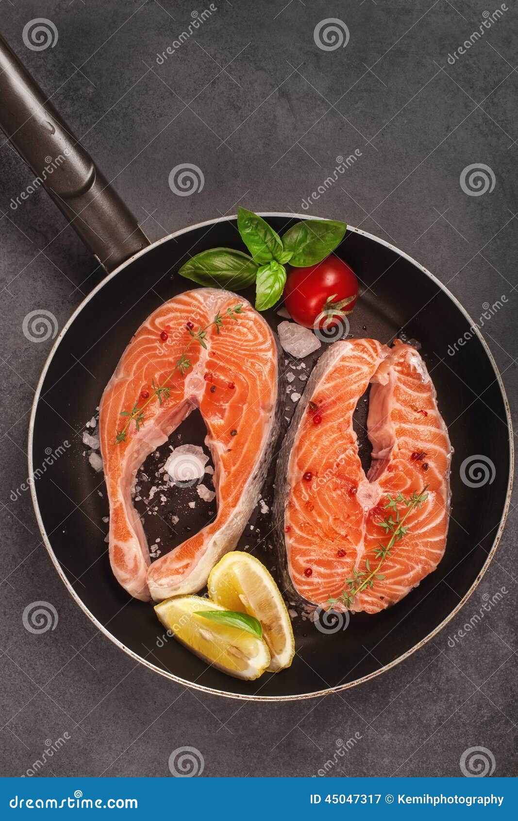 Fresh Salmon Steak and Ingredients for Cooking on a Grill Pan Stock