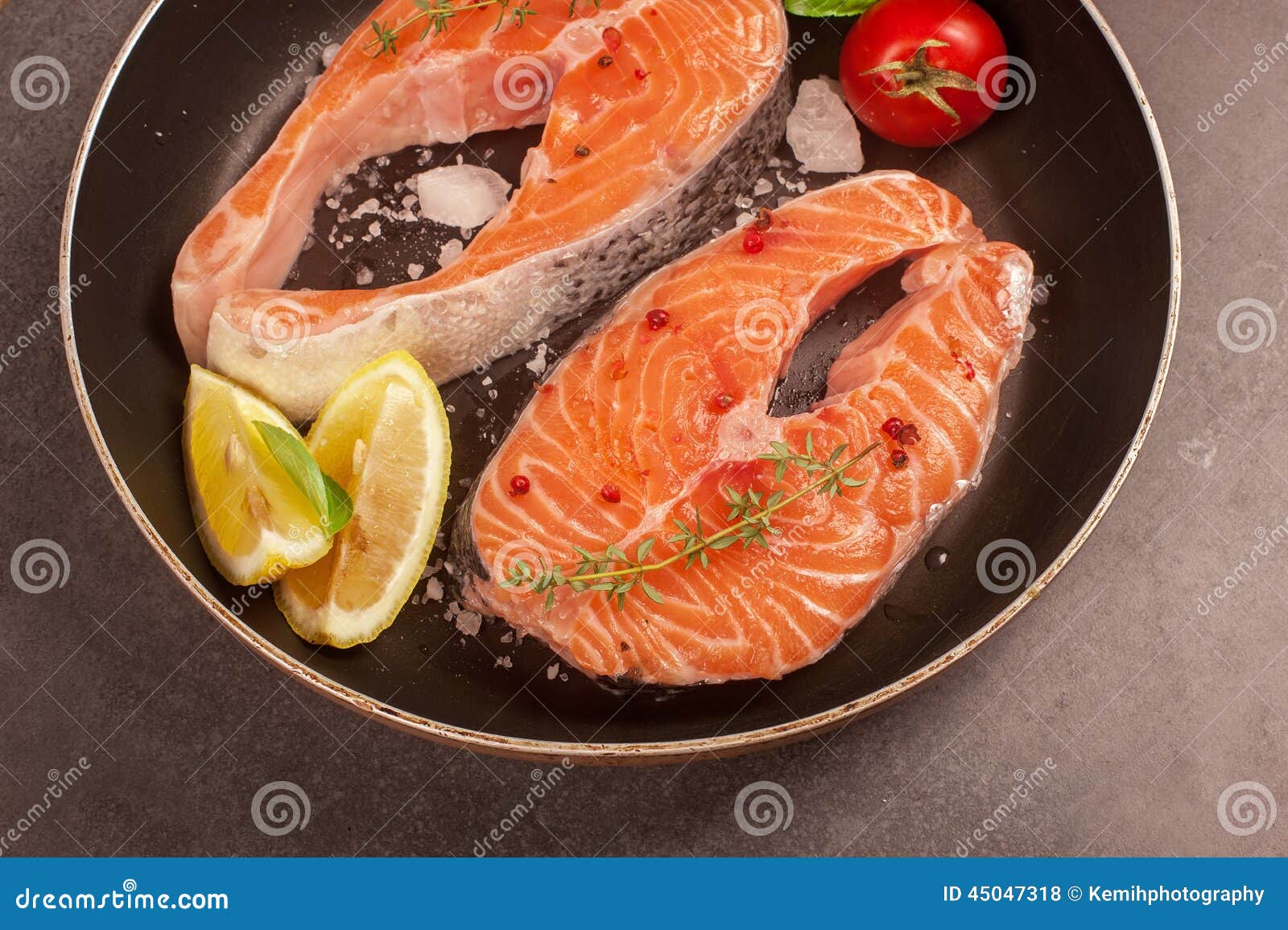 Fresh Salmon Steak and Ingredients for Cooking on a Grill Pan Stock