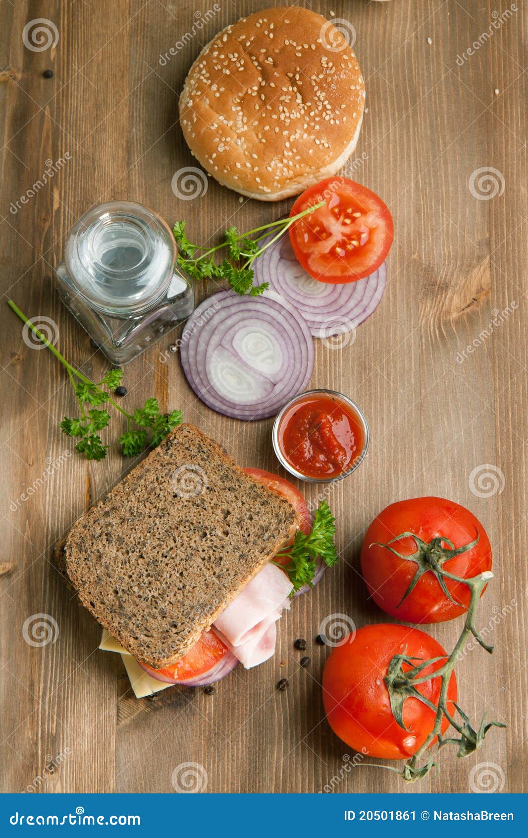 Fresh Sandwich with Tomatoes, Onion and Ketchup Stock Image Image of